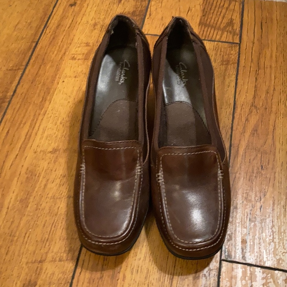 Clark’s brown leather block heel loafers